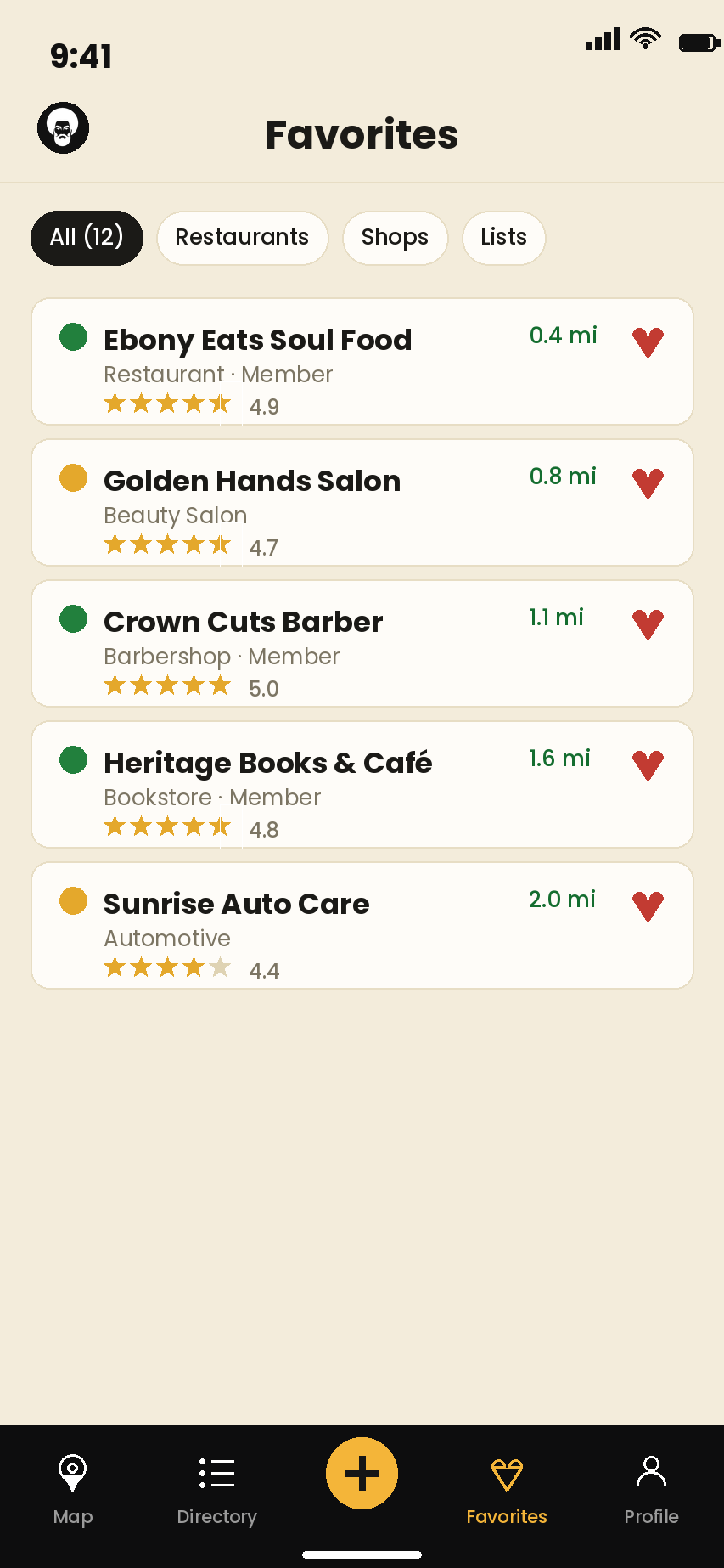 Saved favorite businesses with distance and star ratings